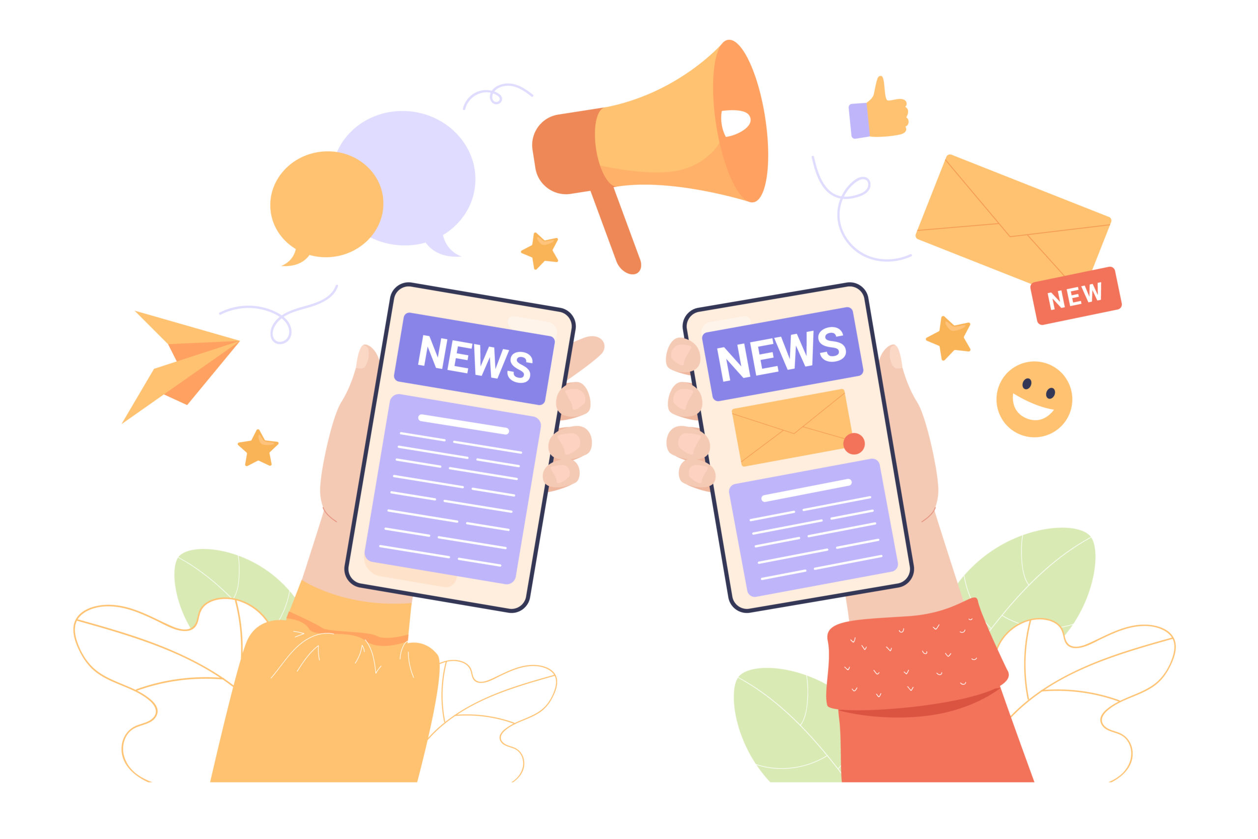 Hands holding mobile phones with news on screen